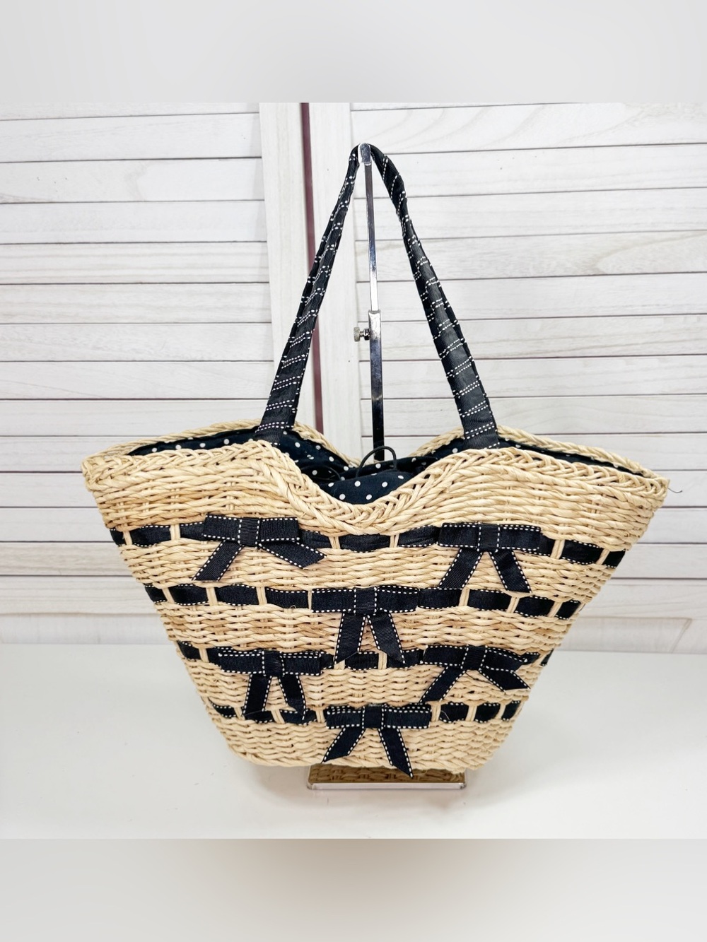 Cappelli Straw Ribbon Bow Tote Bag Tan Black Polkadot Cottagecore Basket